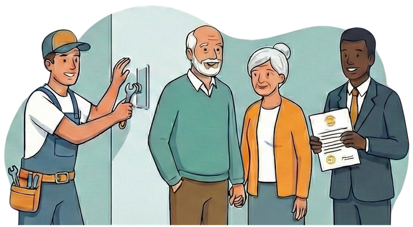 Illustration of service providers helping seniors with home repairs, moving, and legal documents